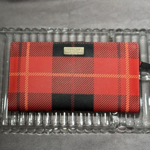 Kate Spade Classic Red Black Plaid Bifold Wallet With Coin Purse and Card Holder - Picture 1 of 12
